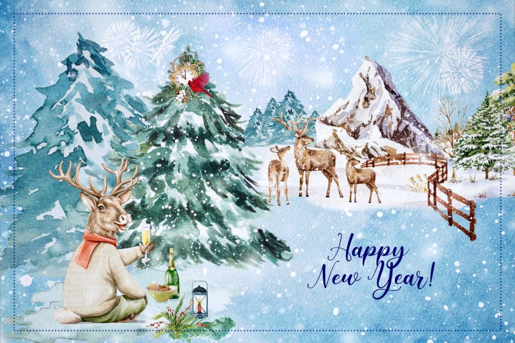 New Year greeting card watercolor with deer