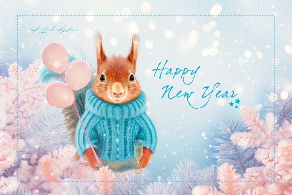 New year card showing a red squirrel holding pink balloons on a light blue and pink background