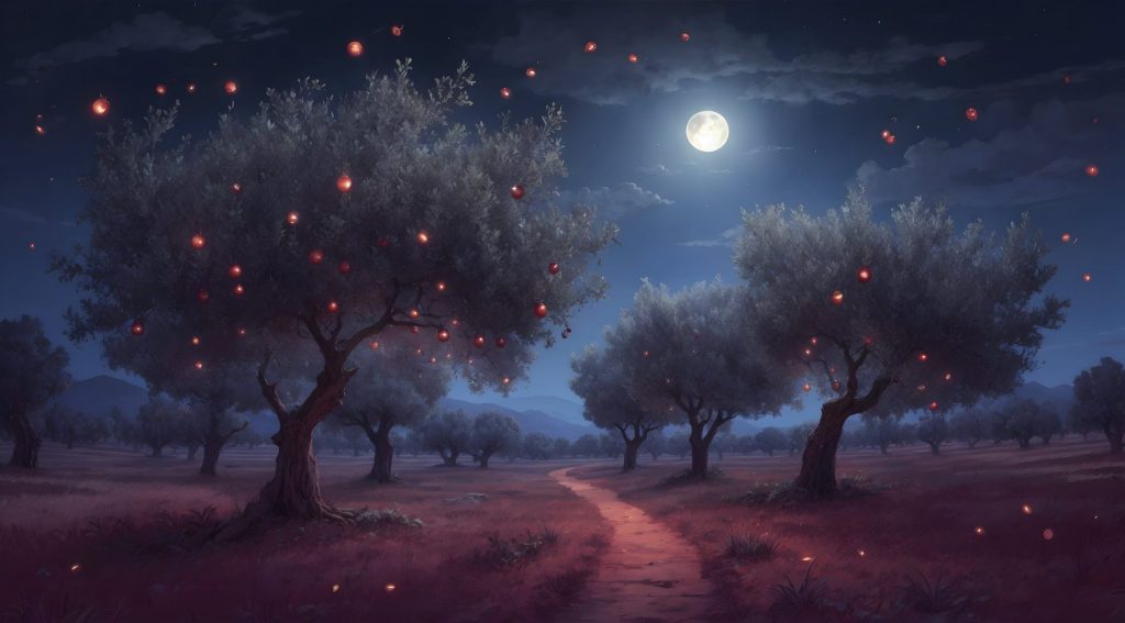 Olive trees at night