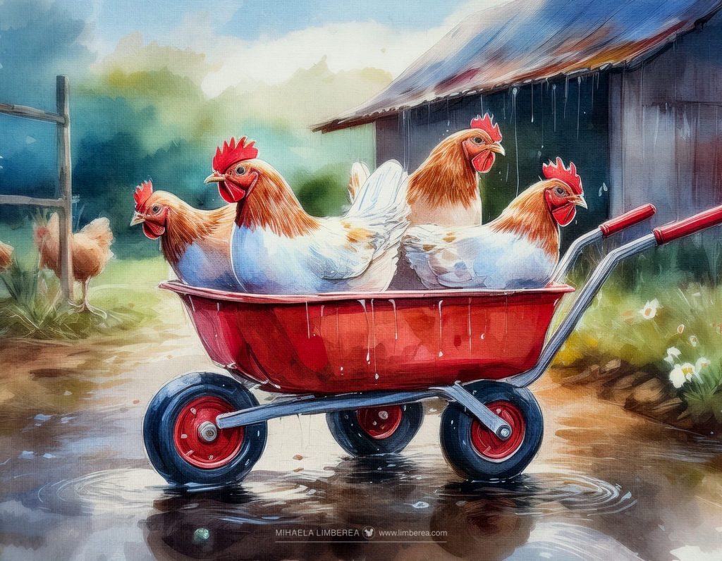 The red wheelbarrow in the rain with white chickens