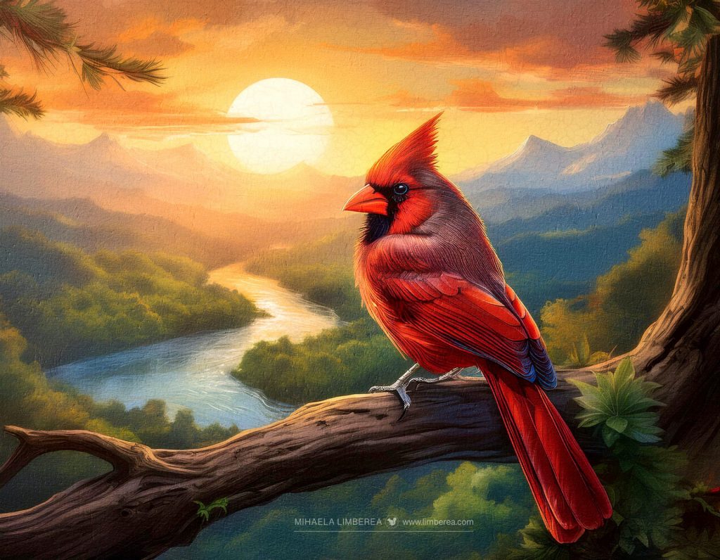 Cardinal bird sitting on a tree branch overlooking a valley and a river at sunset