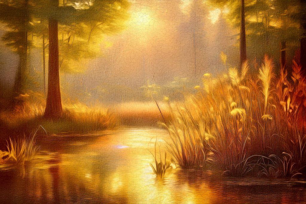 A pond in a forest at sunset