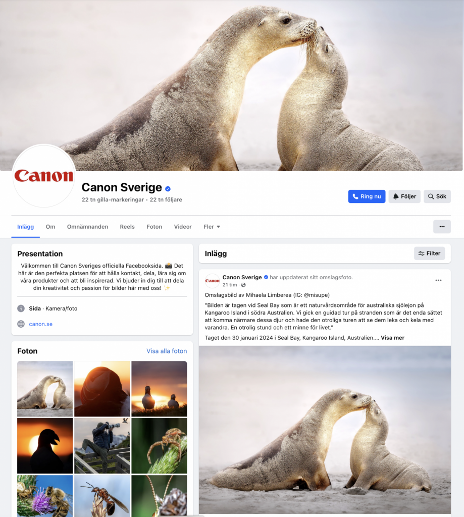 The Facebook page of Canon Sweden