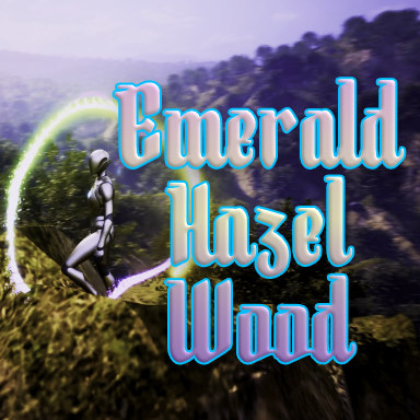 "Cover art for Emerald Hazel Wood showcasing lush forest scenery and glowing emerald crystals.