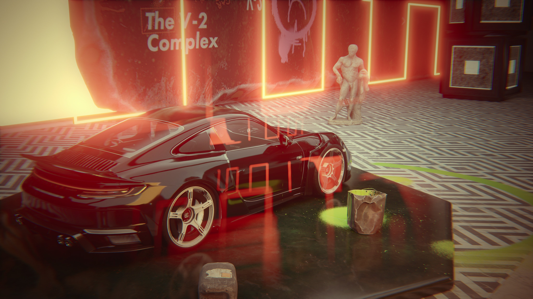 Black sports car in a dark room with red neon lighting, geometric floor patterns, and atmospheric effects. A drink glass and decorative elements complete the moody cyberpunk scene.