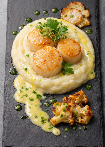 Kamskjell med blomkålpure