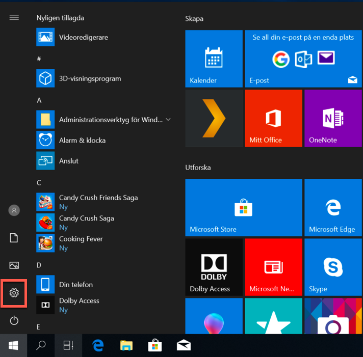 Hitta Inställningar på Start-menyn i Windows 10.