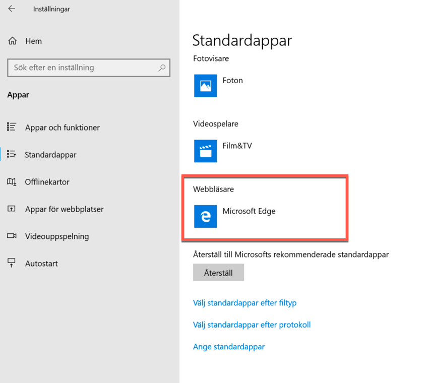 Välj Standardapp i Inställningar för Windows 10.