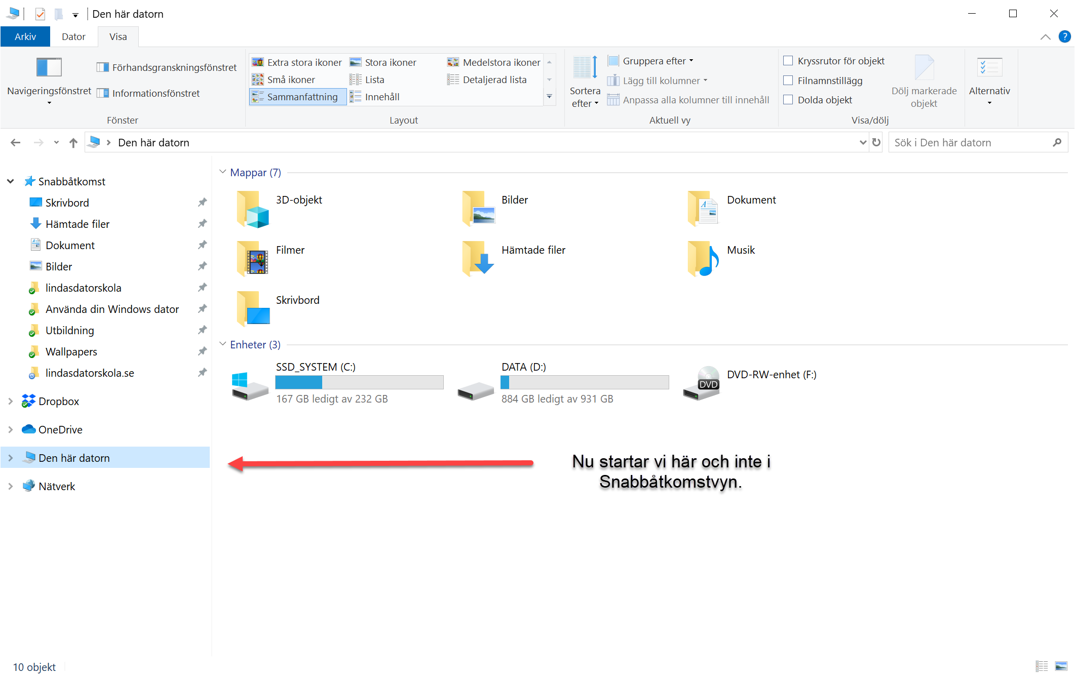 Ställa in Utforskaren i Windows 10 | lindasdatorskola.se
