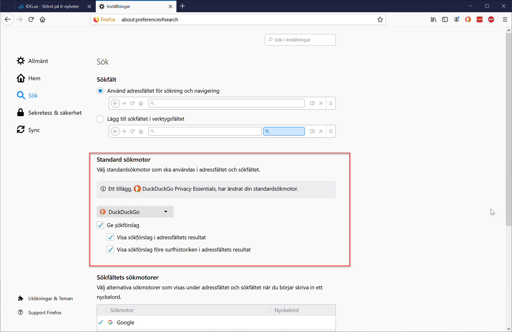 Ställ in Sökalternativen i Mozilla Firefox.