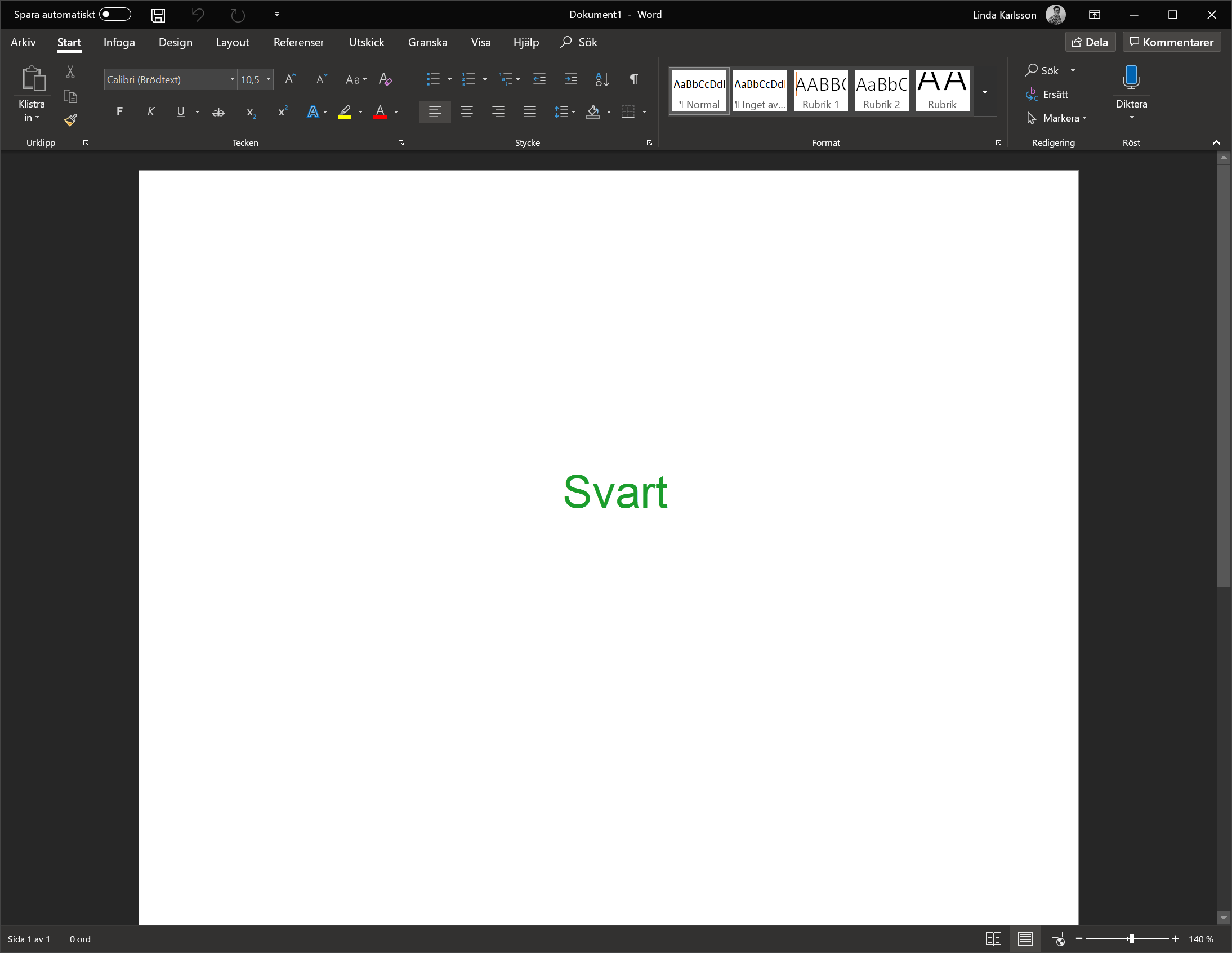 Svart Tema i Microsoft Office 2019.