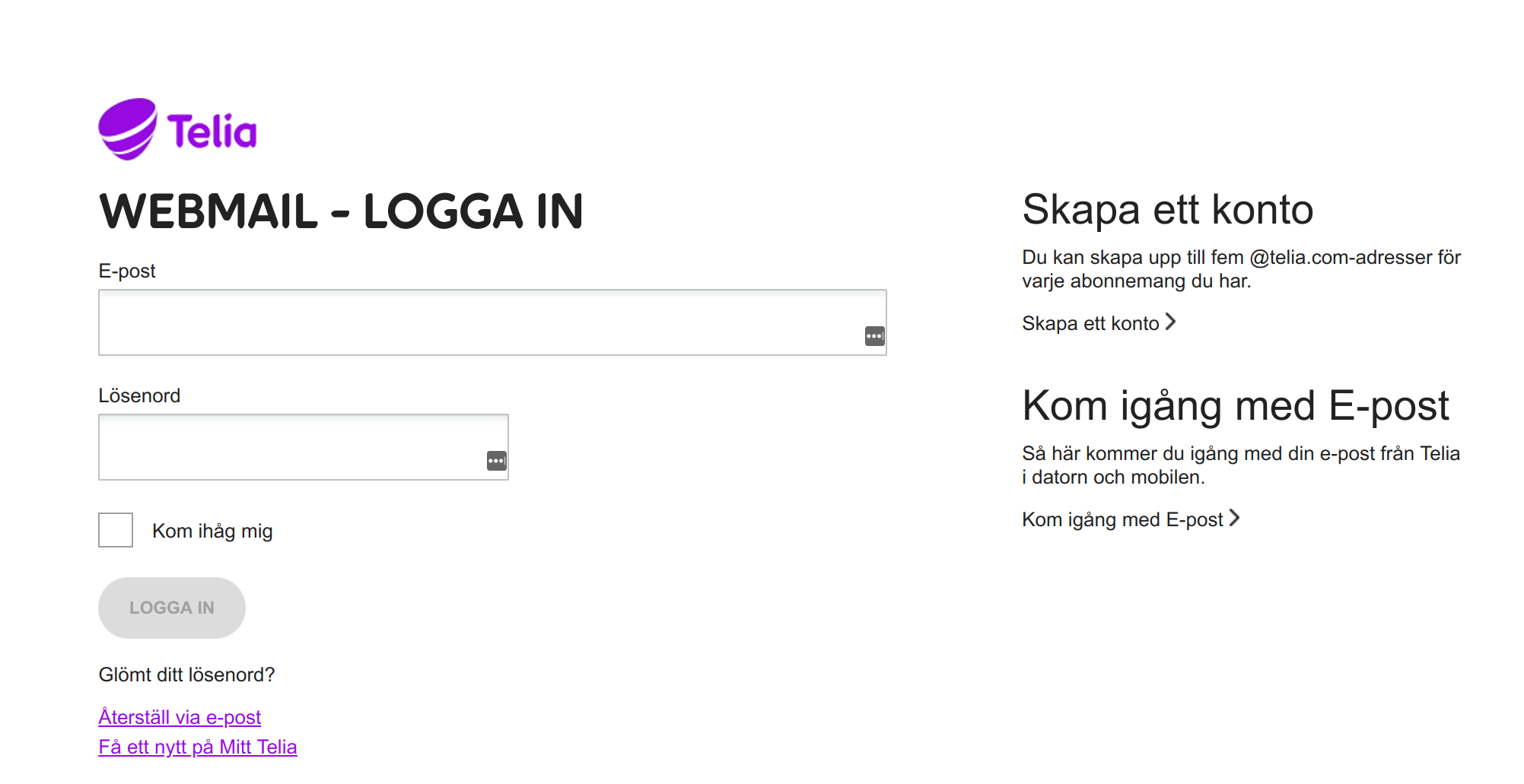 Inloggningssida till Telia Webbmail