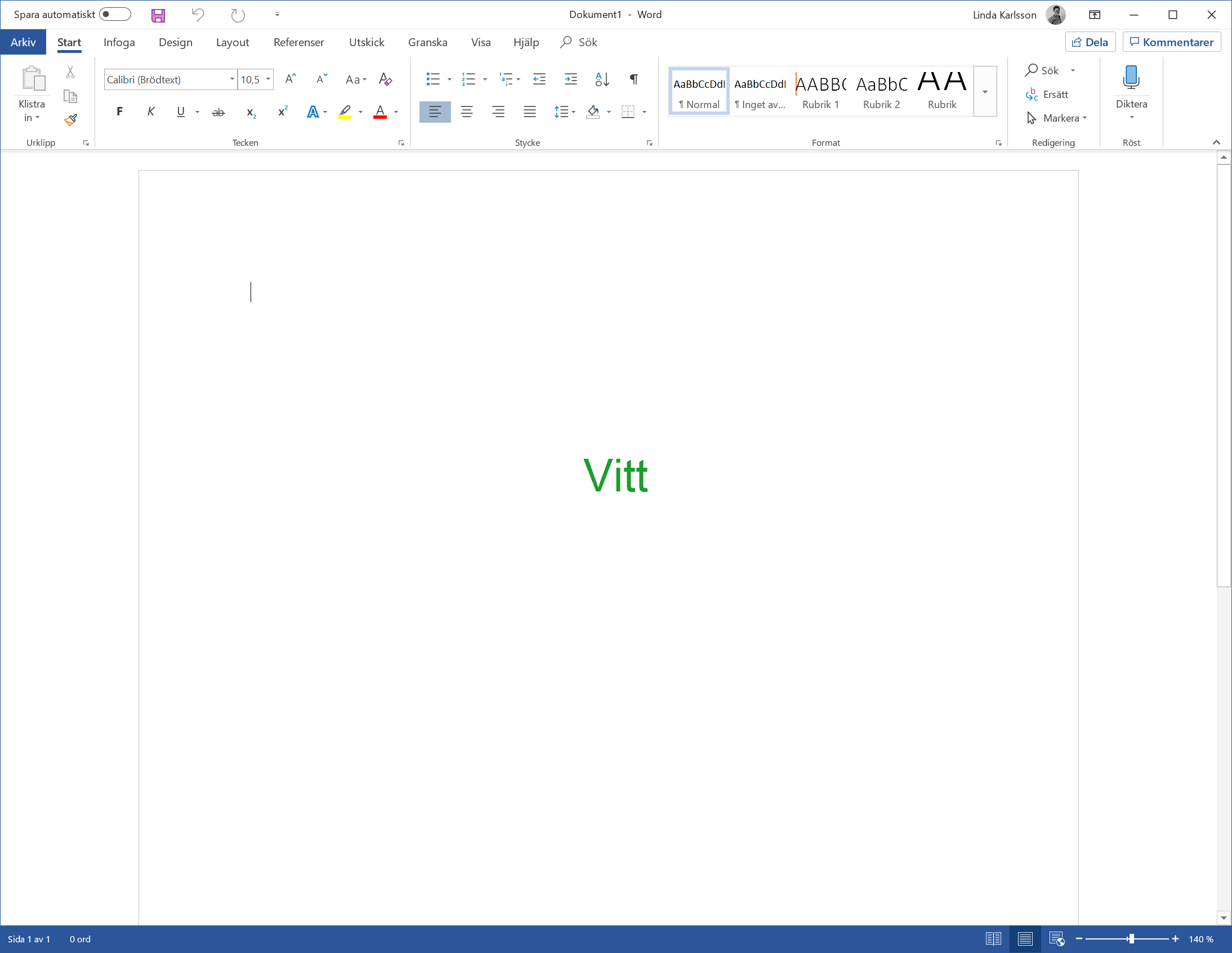 Vitt tema i Microsoft Office 2019.