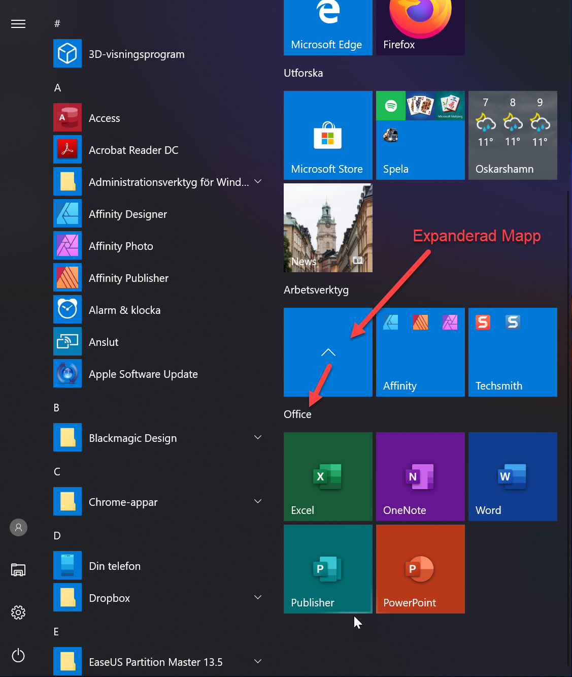 Program mapp expanderad på Start-menyn.