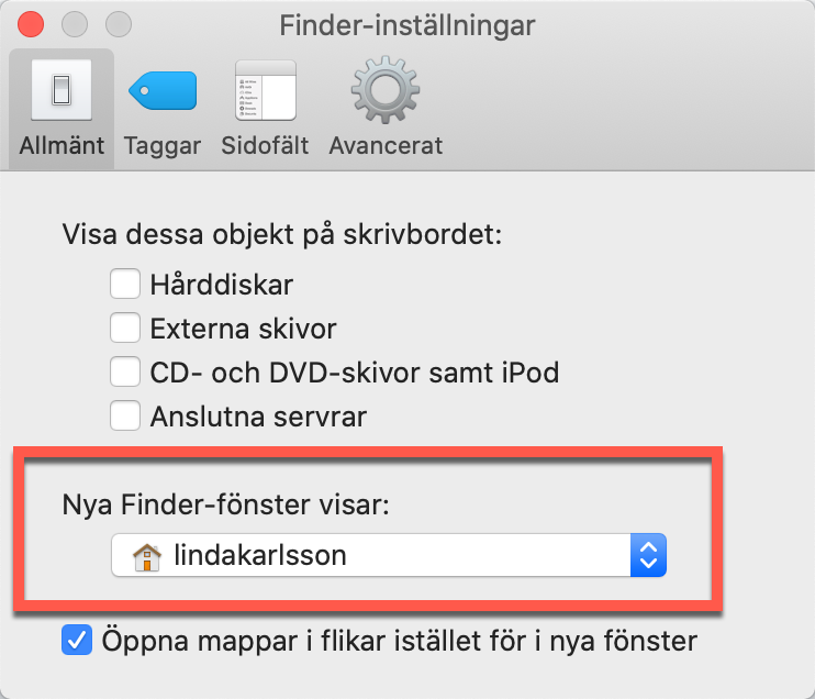 Bild på Allmänt i Finder-Inställningar för MacOS.