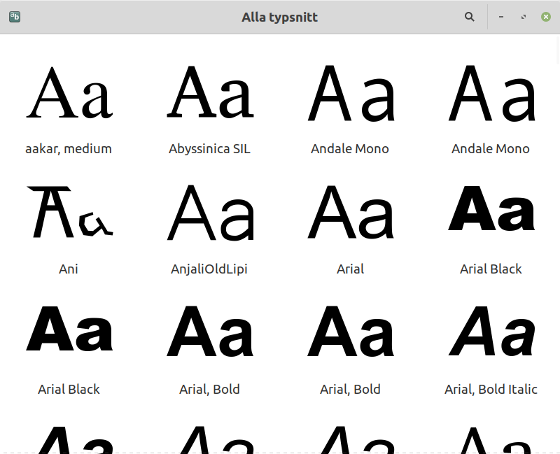 Bild på programmet Typsnitt i Linux Mint Cinnamon. 