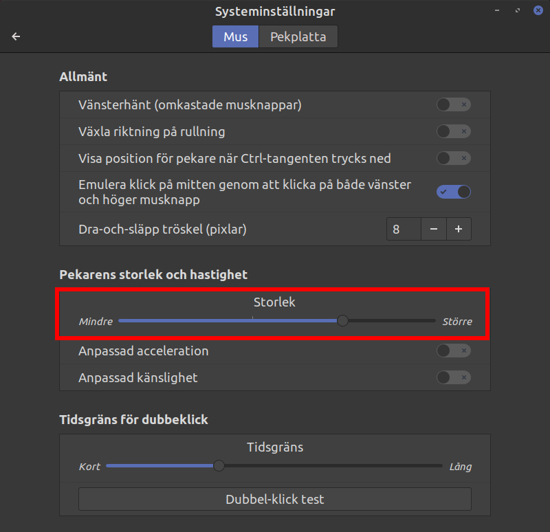 Inställningar för mus och pekplatta.