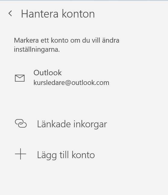 Hantera Konton i Inställningar för E-post.