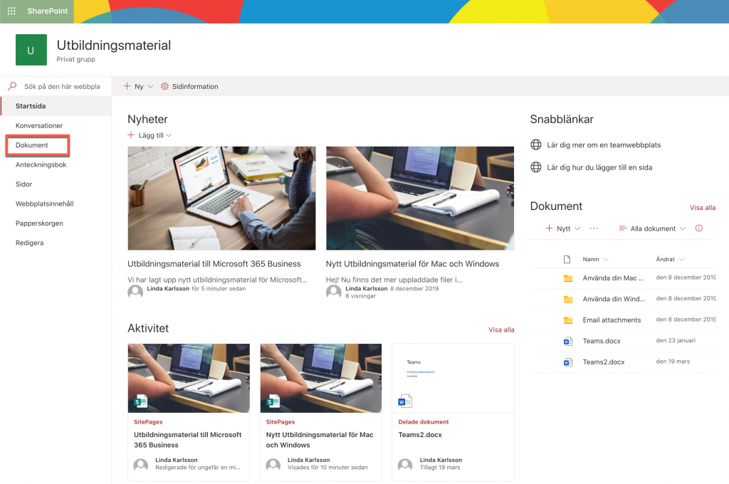 Genväg Dokument i Gruppwebbplatsen.