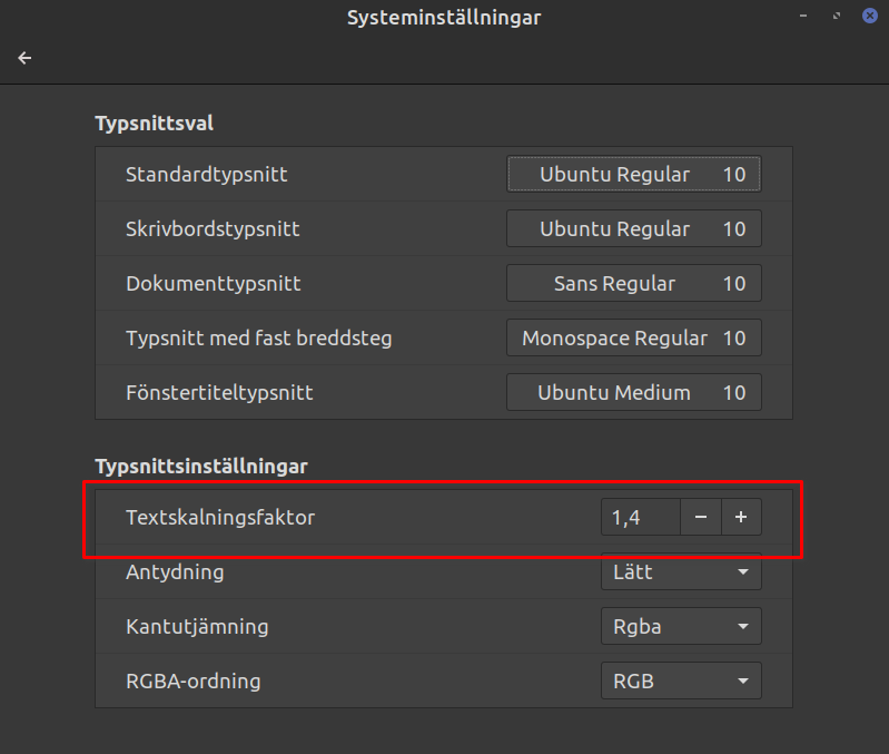 Textskalningsfaktor under Inställningar i Linux mint Cinnamon