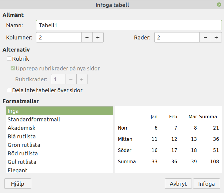 Dialogrutan Infoga tabell