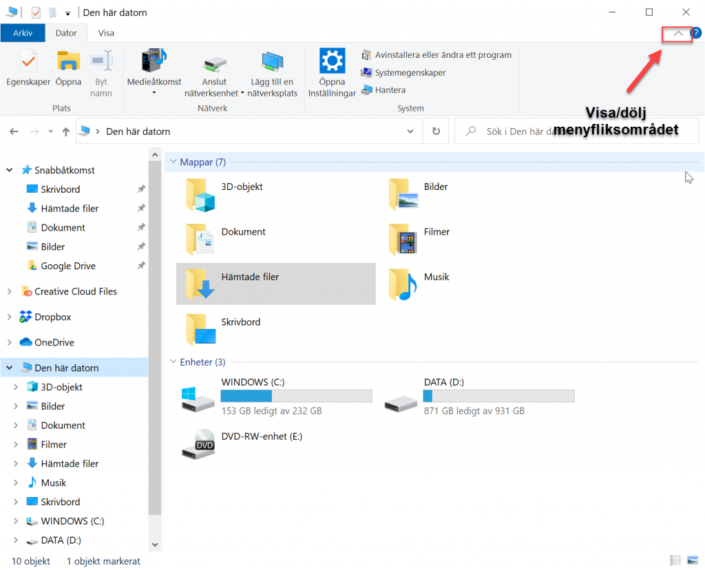 Visa/dölj menyfliksområdet i Utforskaren i Windows 10 | lindasdatorskola.se