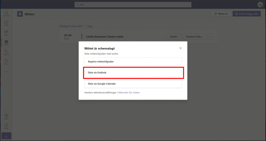 Dela Teams möte via Outlook online (Hotmail)
