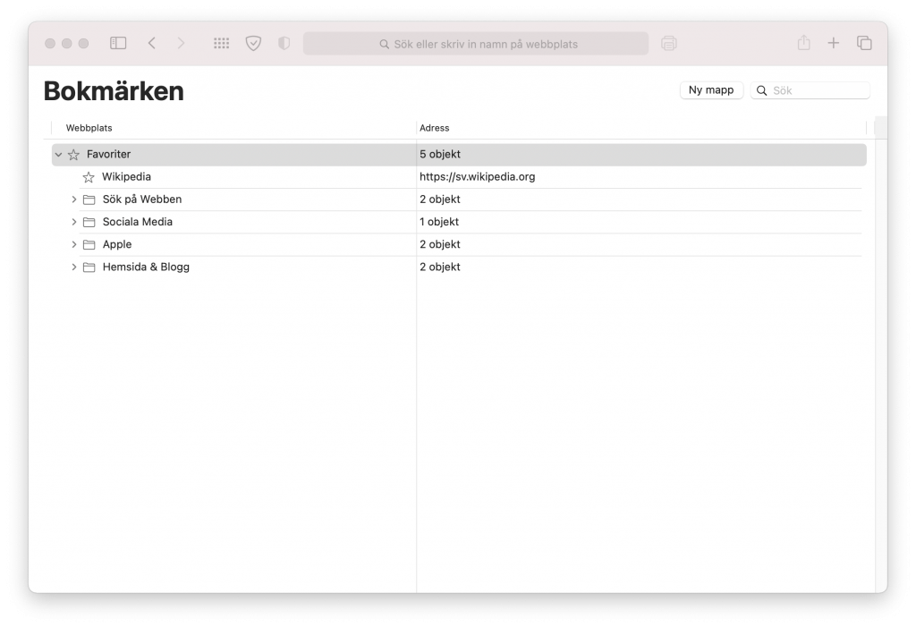 Bokmärkesredigeraren i Safari.