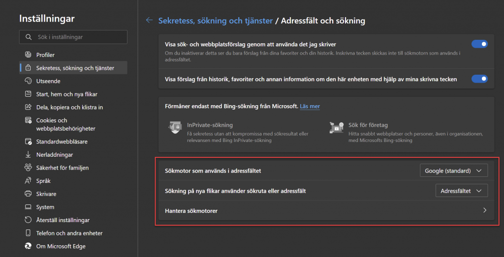 Ställa in Sökmotorn i Microsoft Edge.