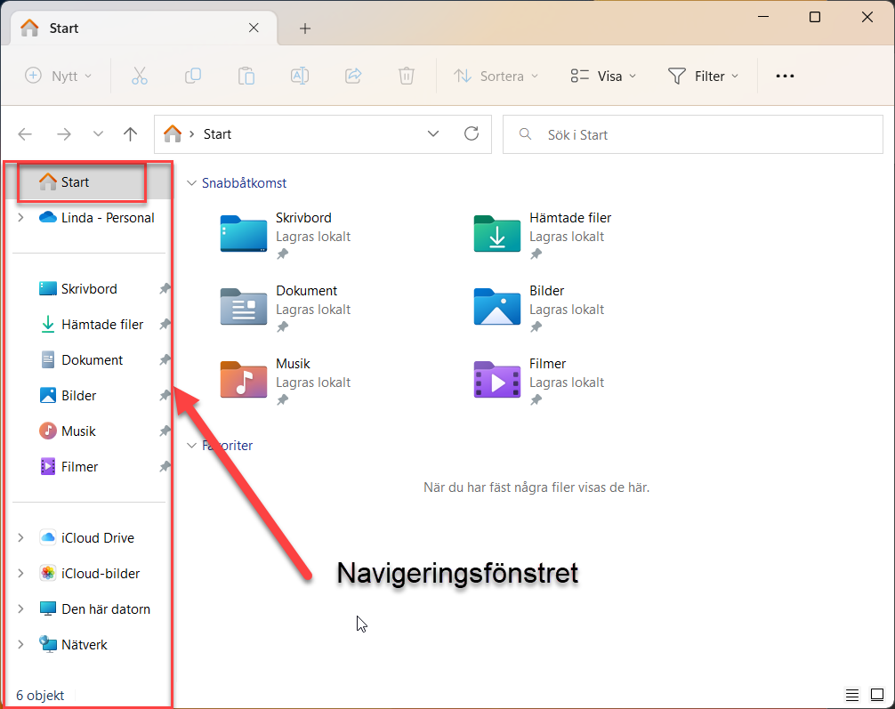 Navigeringsfönstret i Utforskaren.