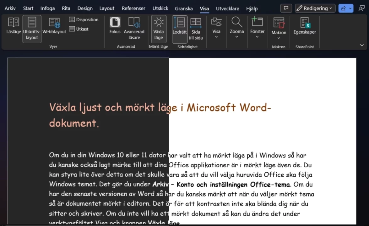 Ljust vs mörkt dokument i Mocrosoft Word