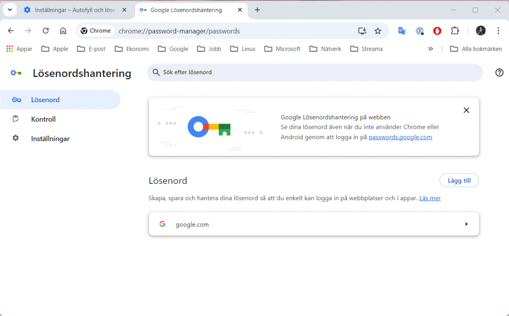 Lösenordshanteringen i Google Chrome.