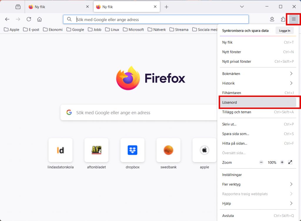 Firefox: Här hittar du till lösenorden via menyn.