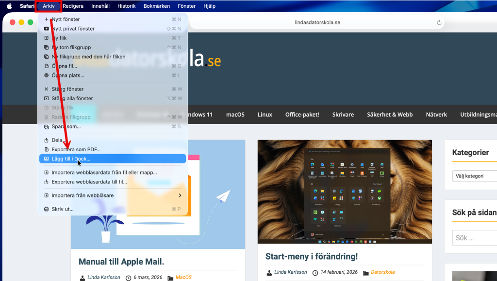Safari, Lägg till i Dock.