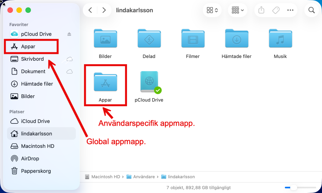 Bild på min Hem-mapp där det finns en mapp för Appar. Den är inte samma som Appar i sidofältet. 