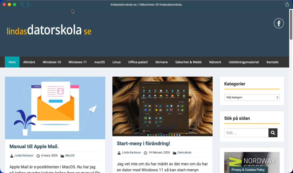 Exempel på lindasdatorskola.se som webbapp. Notera att vissa kommandon som till exempel adressfältet inte finns i en webbapp. 