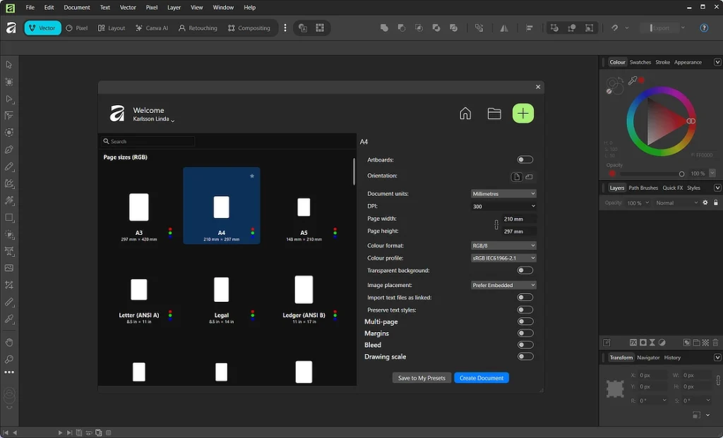 Programfönstret för Affinity By Canva