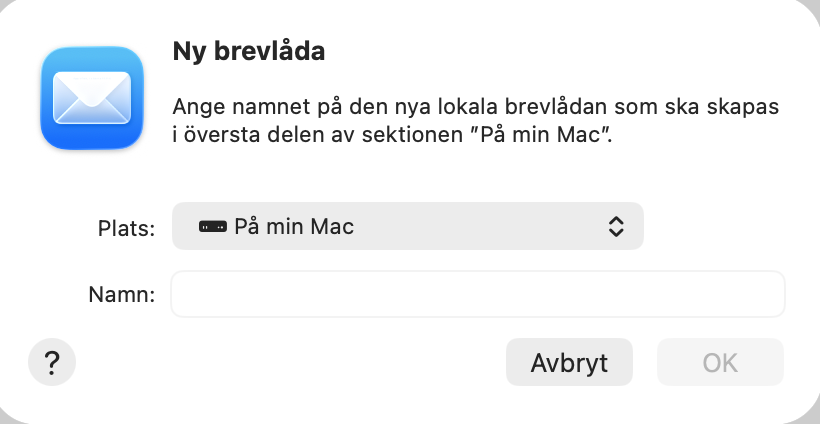 Skapa en ny brevlåda i Apple Mail.