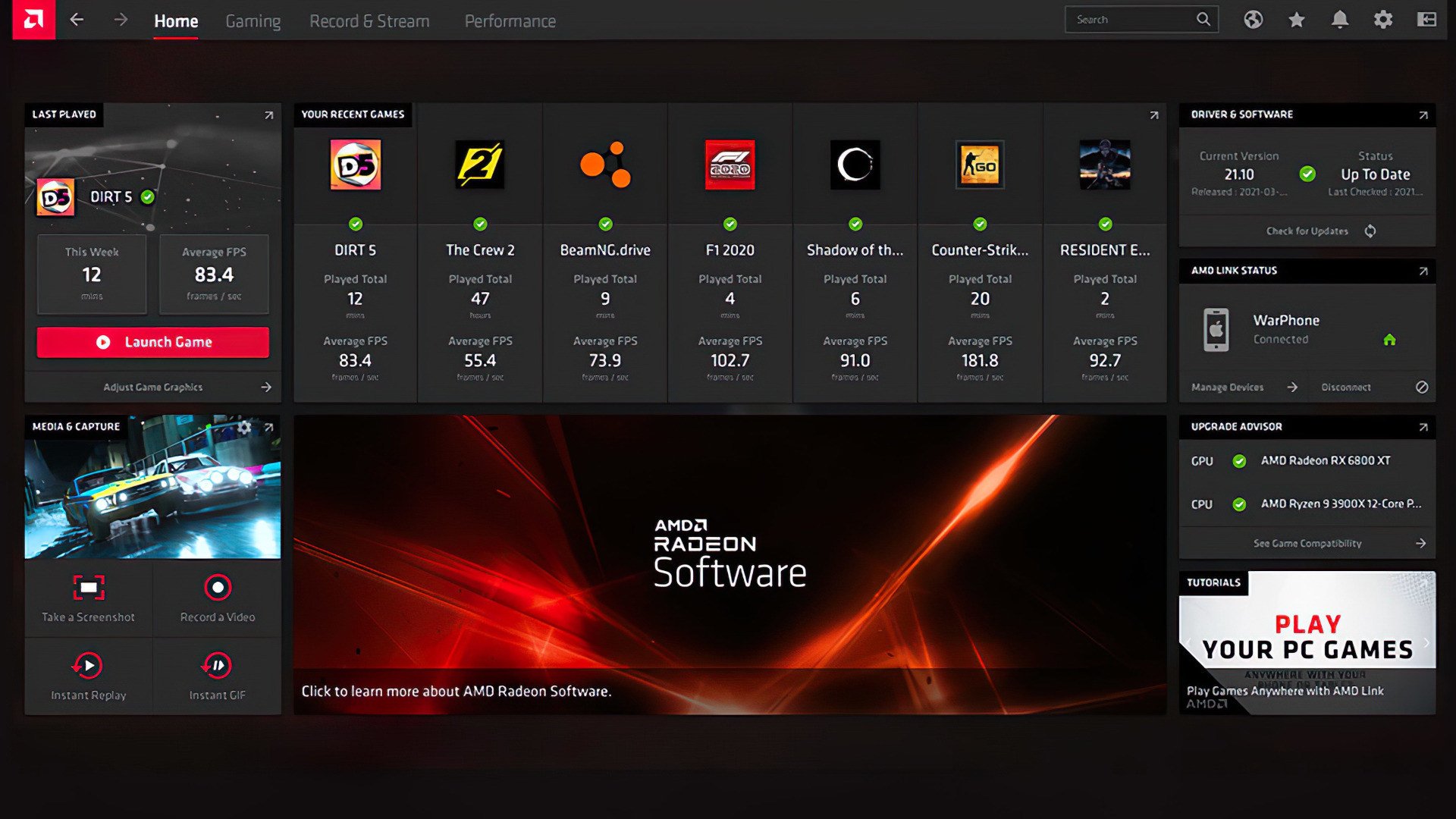 AMD Radeon Software Benutzeroberfläche im Gaming-Dashboard, mit Spielübersicht und Systeminformationen, ideal für Gaming-Enthusiasten und Nutzer mit AMD-Grafikkarten.