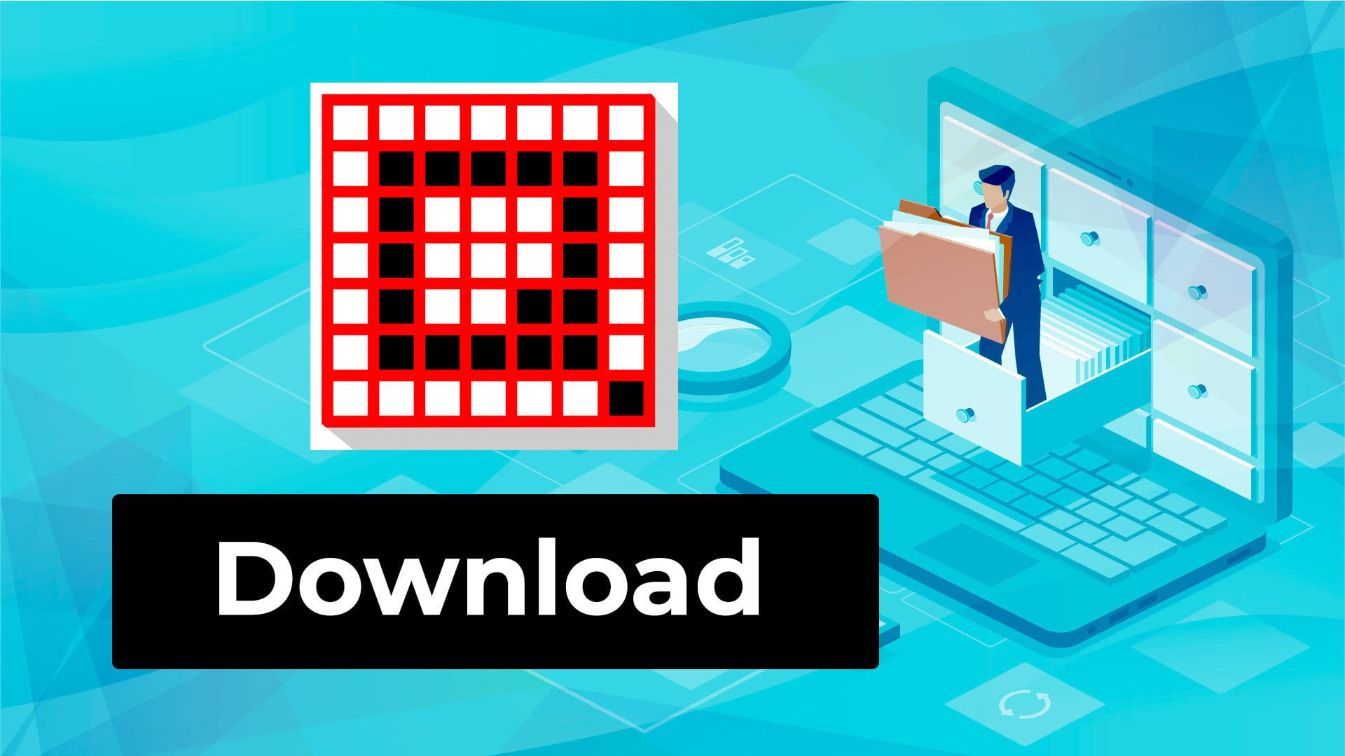 Moderne digitale Illustration von Lindweiler, zeigt ein virtuelles Büro mit einem männlichen Avatar, der in einem digitalen Schubladen-System arbeitet, umgeben von Tech-Elementen und einem QR-Code.