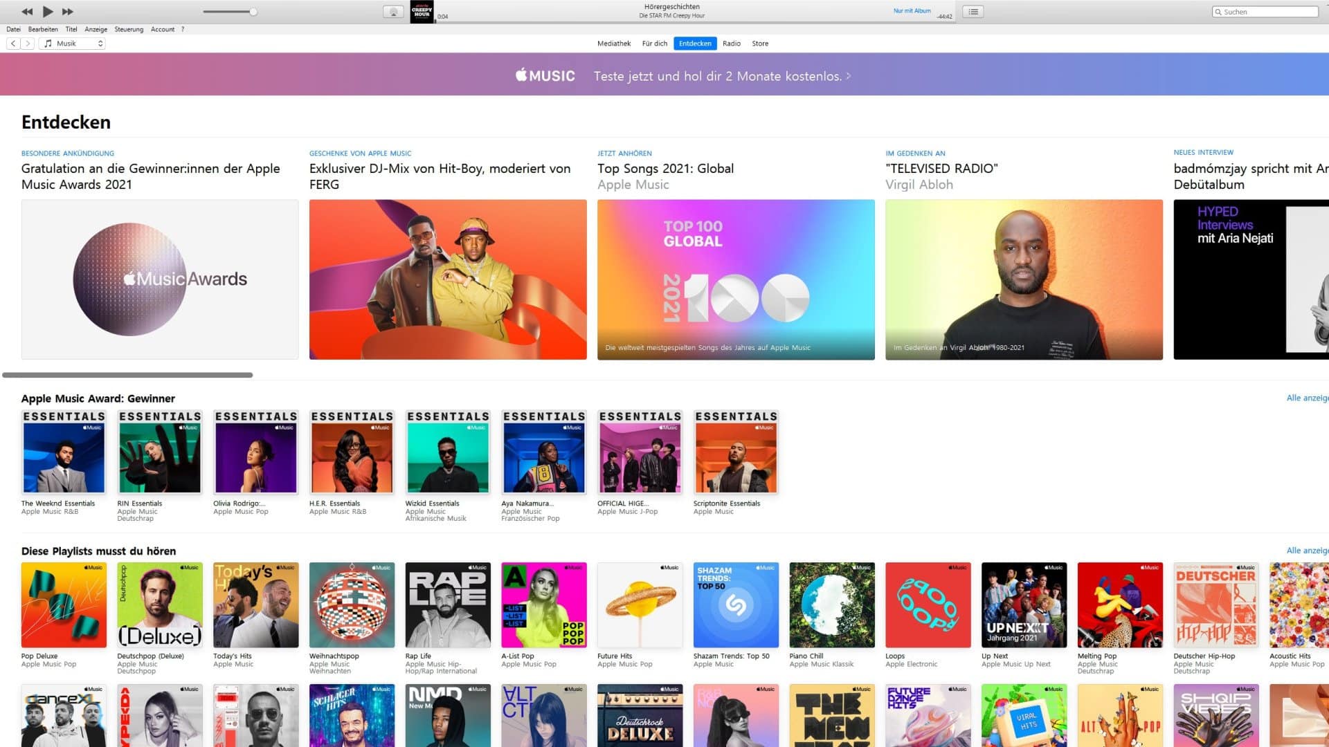 Häufig gezeigtes iTunes-Interface mit Musik-Playlists, Empfehlungen und Charts.