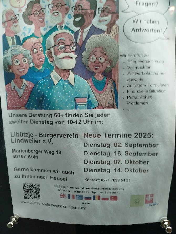 Pflegeberatung für Senioren in Lindweiler, 60+ Beratungstermine jeden 2. Dienstag im Monat, Unterstützung bei Versicherungen, Formularen, finanziellen Fragen und persönlichen Problemen.