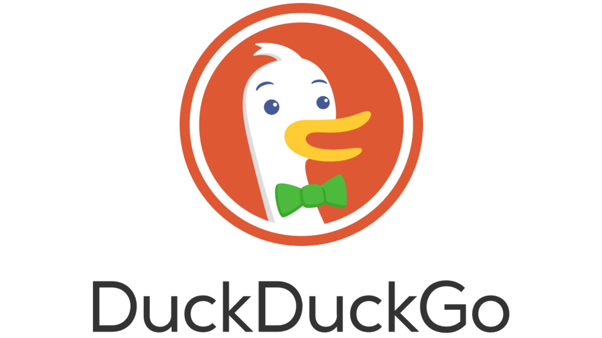 Entzückender cartoon-entenkopf mit grüner schleife, markenlogo für DuckDuckGo, modern und freundlich, auf weißem hintergrund.