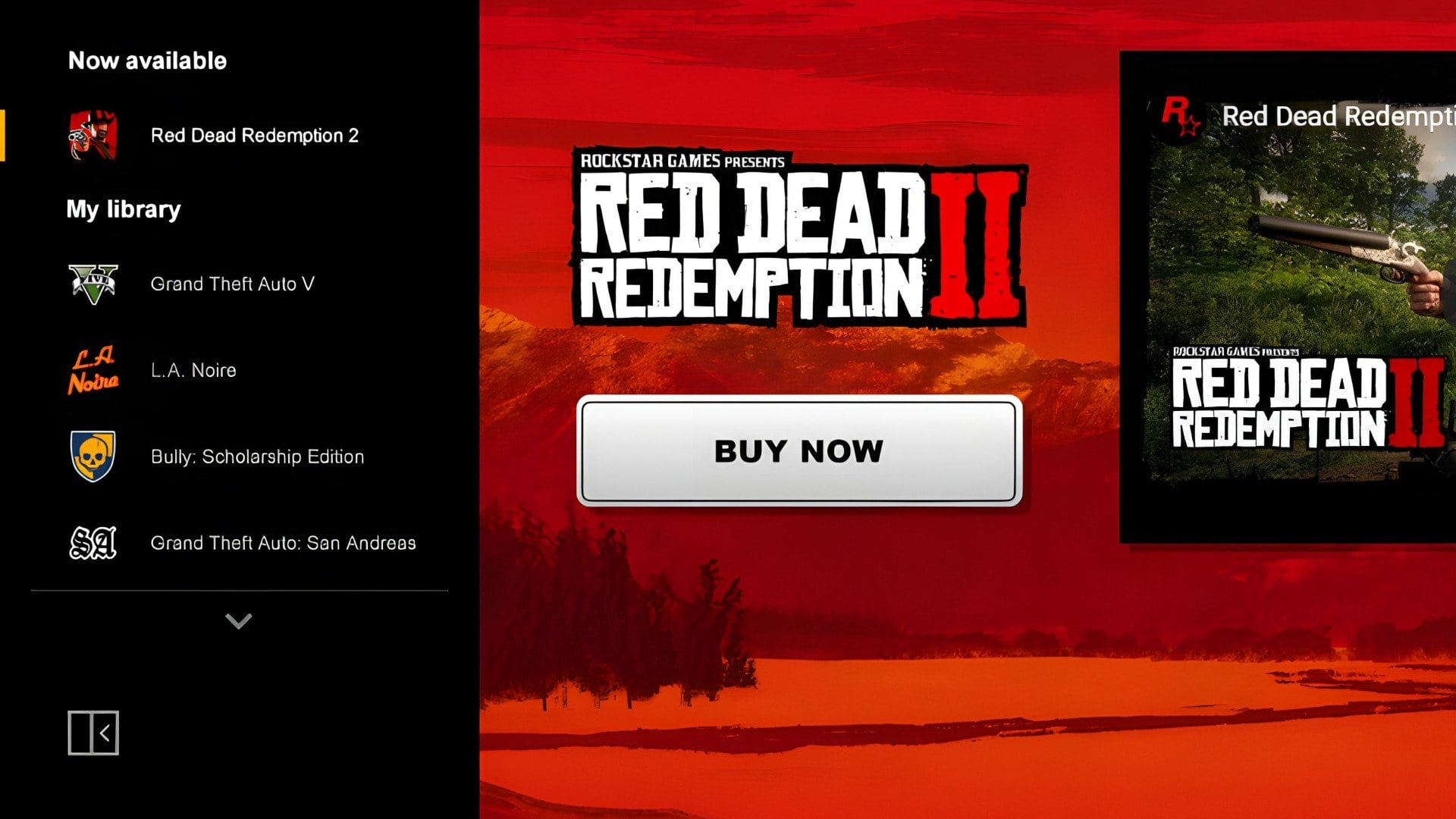 Red Dead Redemption II Spielszenen im Menü mit großer Schaltfläche „Kaufen jetzt“.