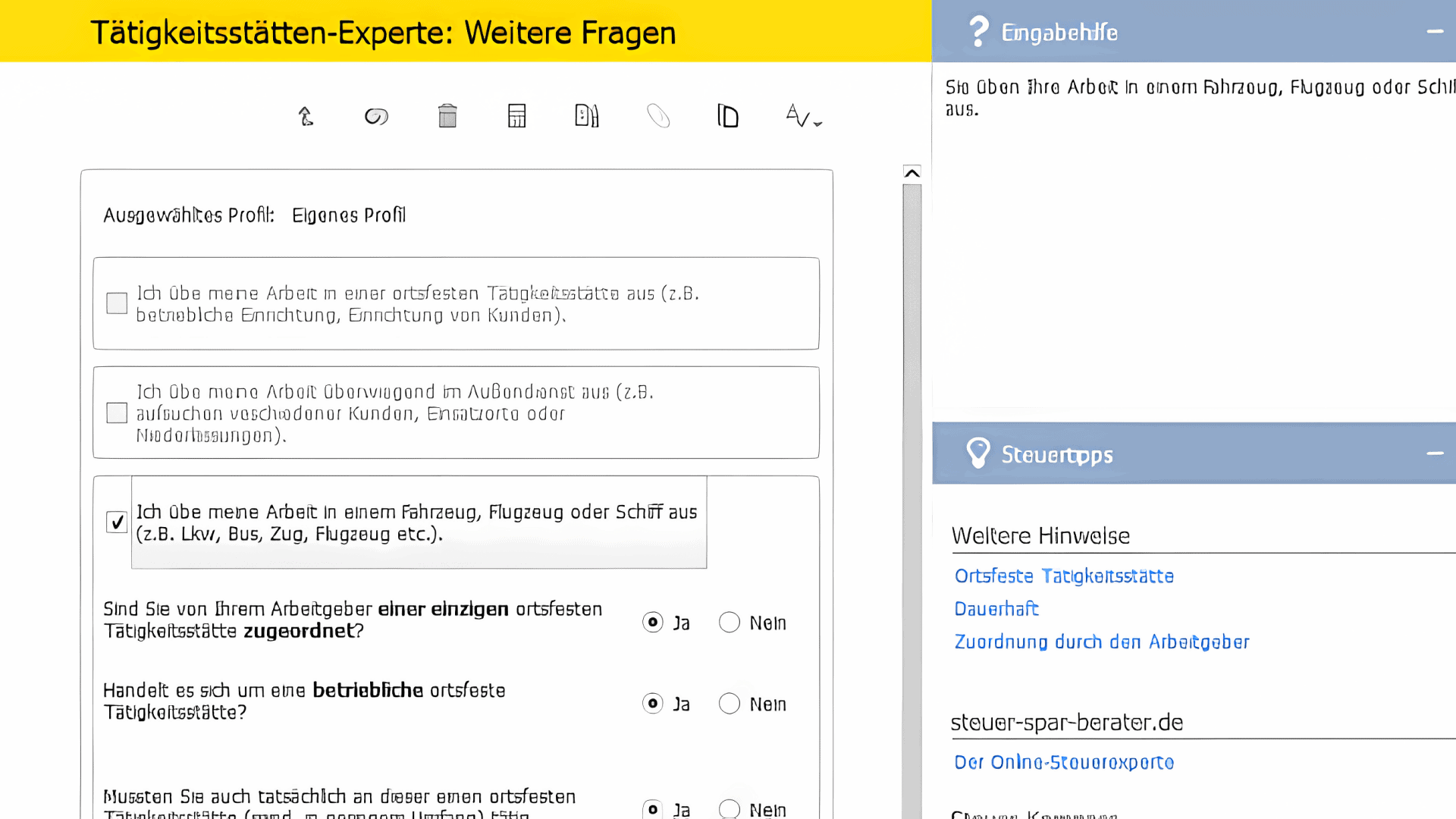 Ausgeschnittenes Bild zeigt eine Online-Plattform für Tätigkeitsstätten mit Auswahloptionen, Fragen zur Zuordnung von Arbeitsstätten und wichtigen Informationen, einschließlich Tipps und Links für Steuererklärungen.