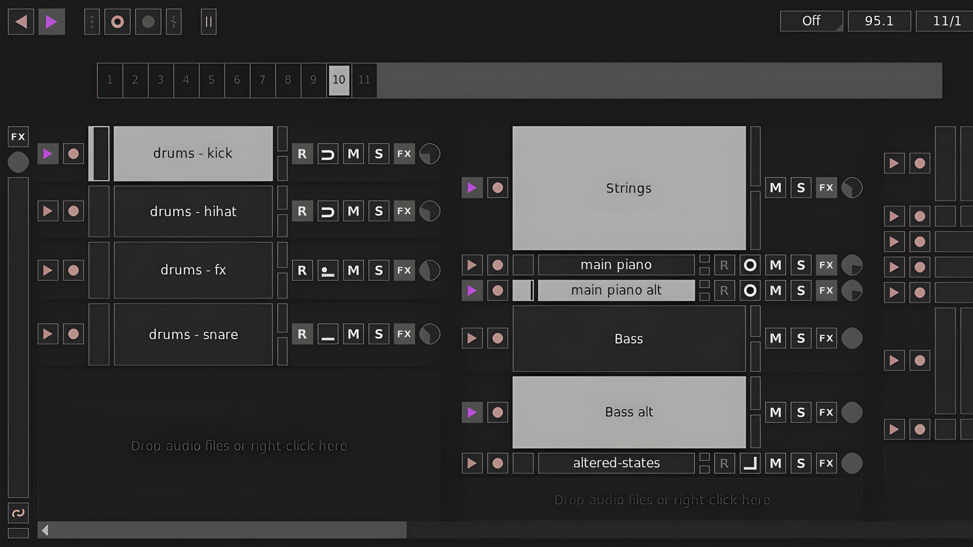 Drum pad interface mit elektronischen Musikproduktions-Tools, Synthesizer, Mixer und Effekten, geeignet für die kreative Arbeit an Musikprojekten.