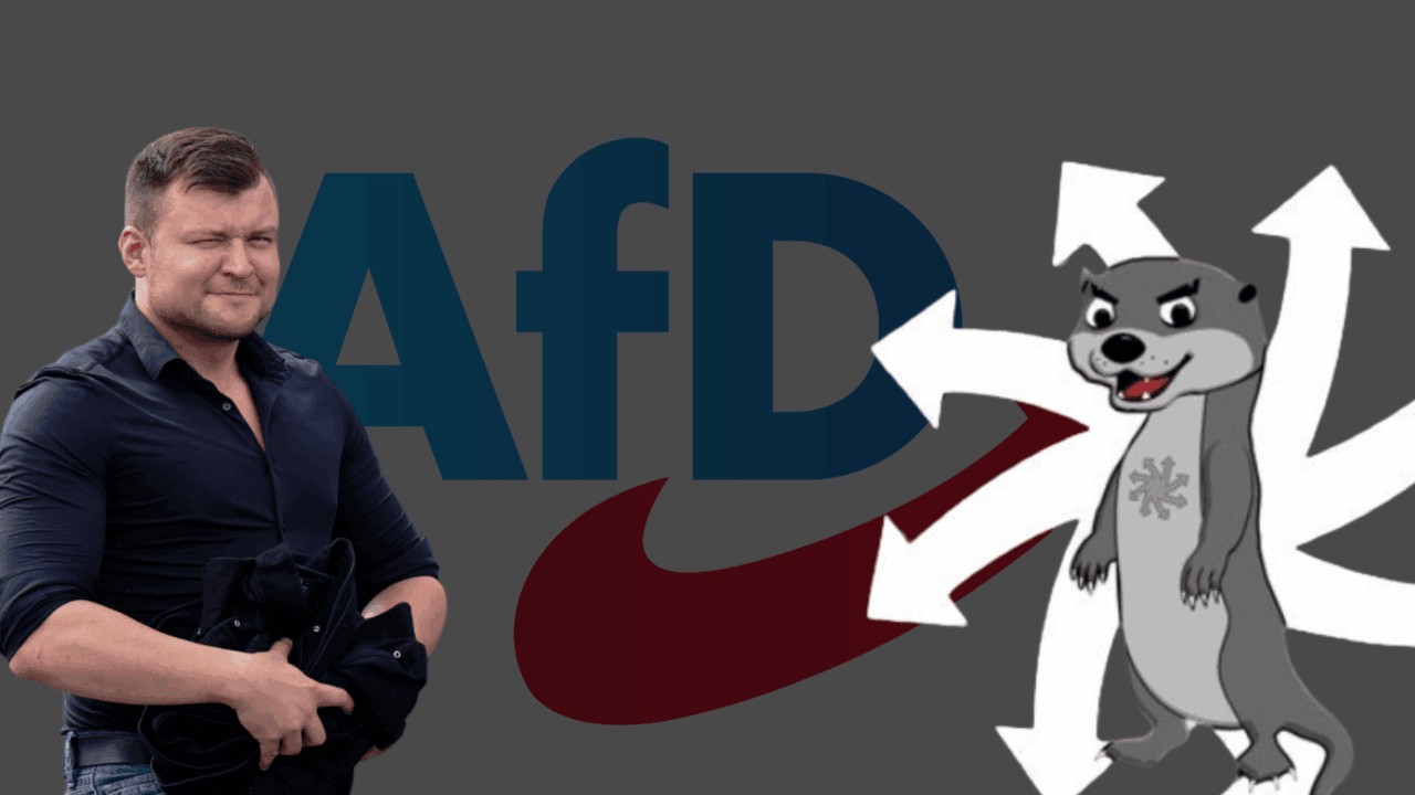 Hochwertiger Mann in dunklem Hemd vor einem grafischen Hintergrund mit "AfD" und Cartoon-Hund, symbolisch für politische Debatten und kontroverse Themen in Deutschland.