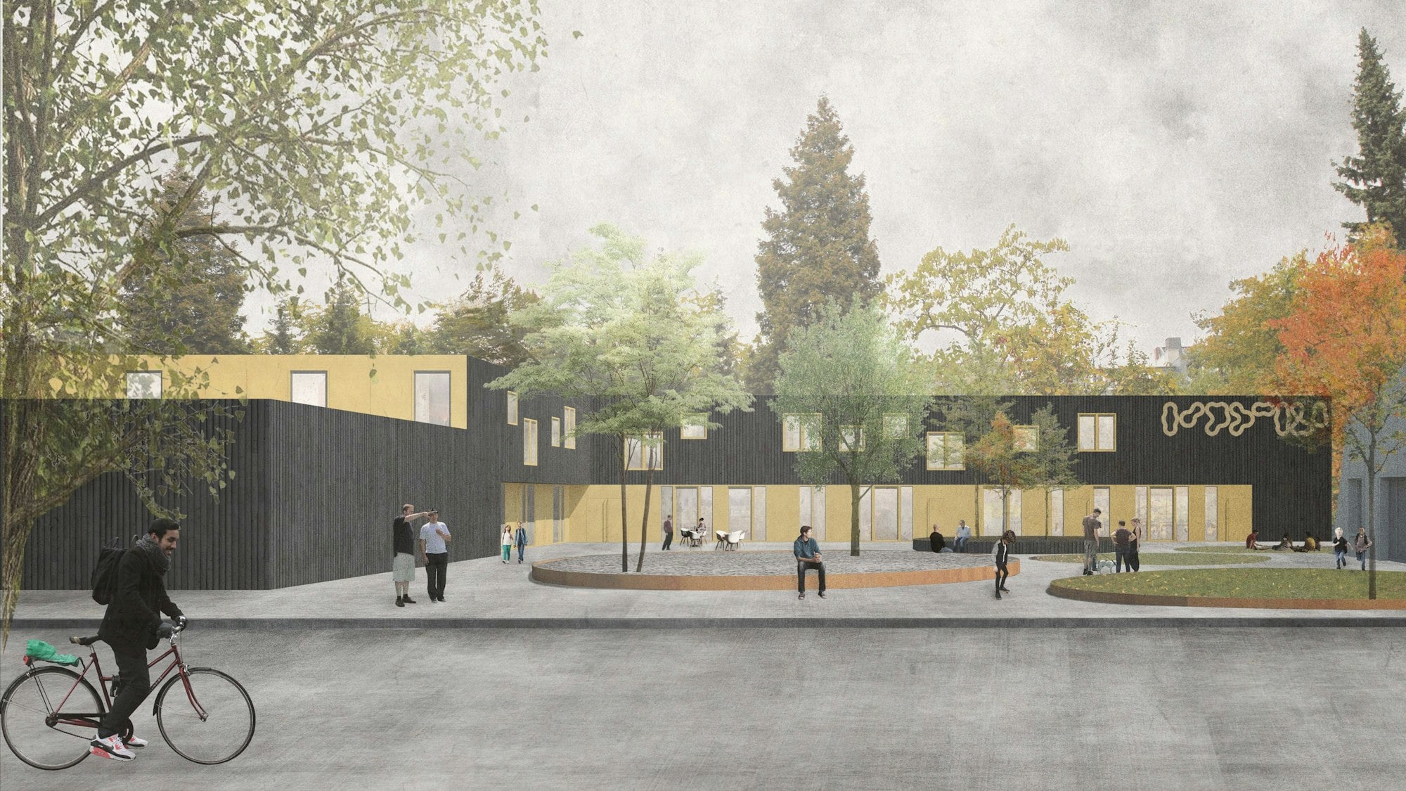 Modernes Schulgebäude in Lindweiler mit begrüntem Innenhof und zeitgemäßem Design, umgeben von Bäumen und Natur, bietet Lern- und Gemeinschaftsräume im Plus.