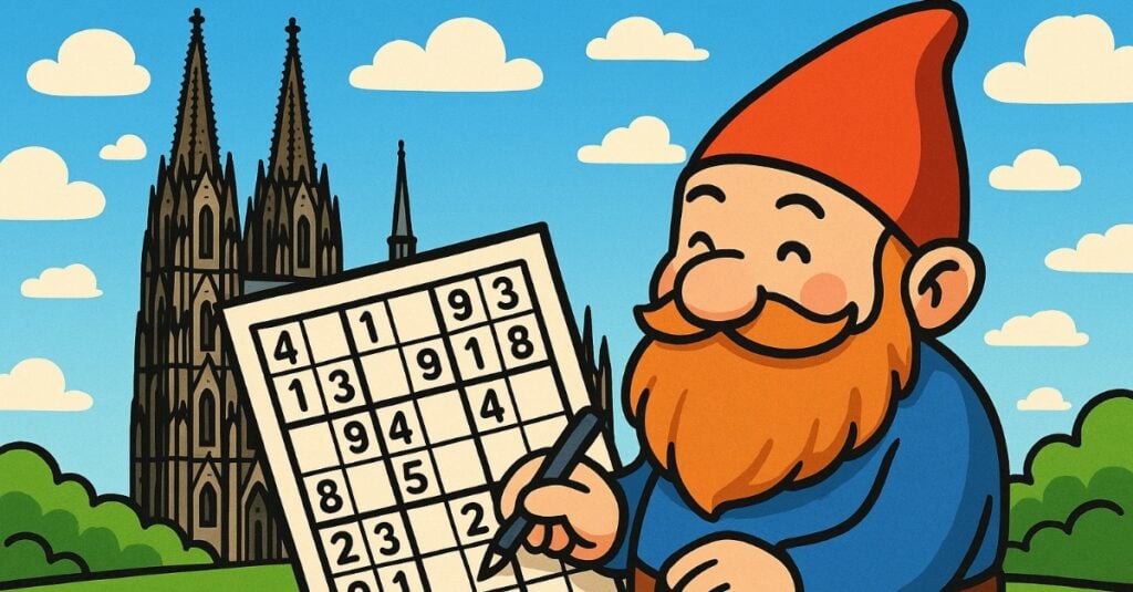 Rätselhafter Zwerg mit rotem Hut löst Sudoku vor gotischer Kathedrale im Grünen, fröhlich und entspannt.