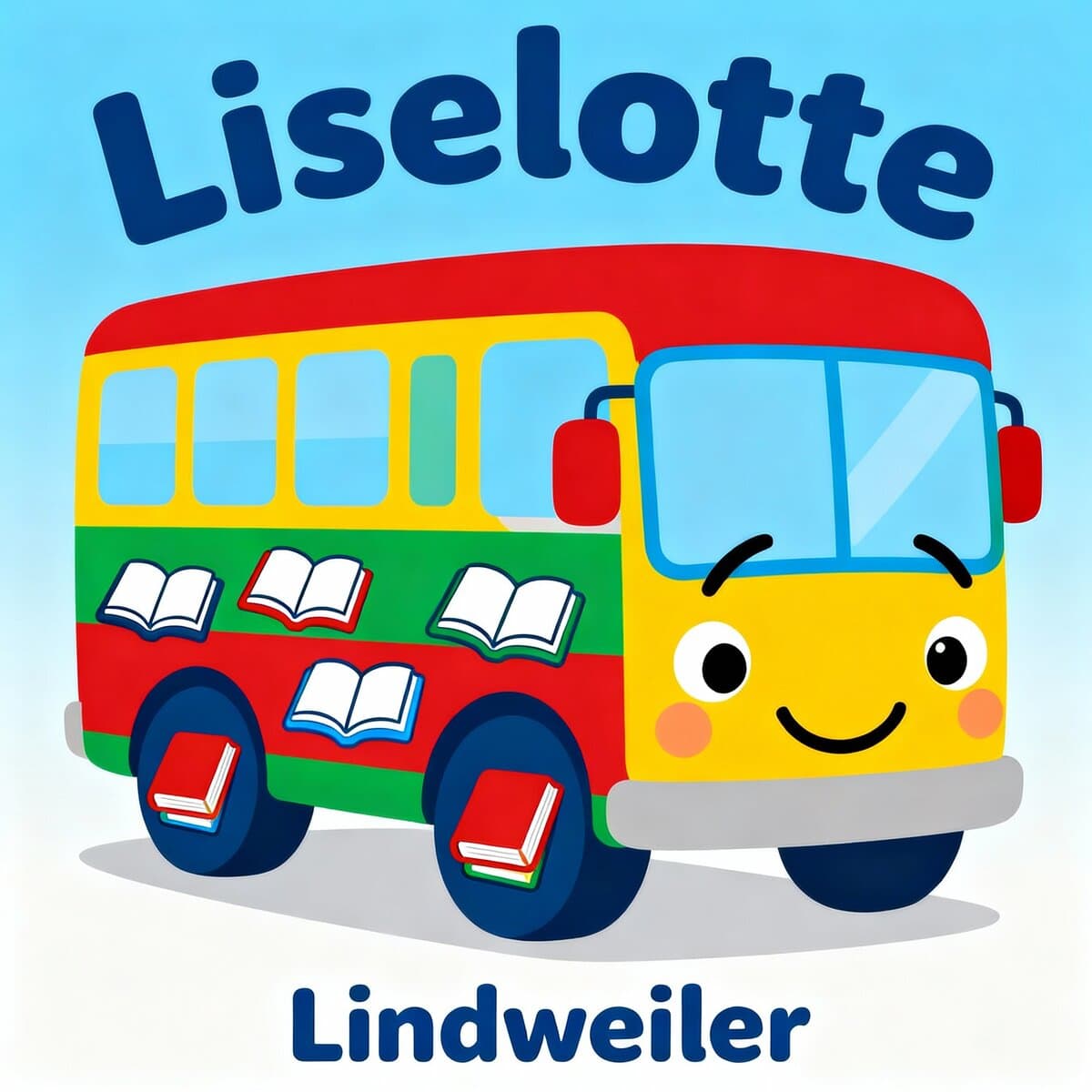 Bunt gestalteter Schulbus mit lachendem Gesicht und offenen Büchern auf den Seiten, Illustrationsbild für die Lindweiler Schule in Deutschland.